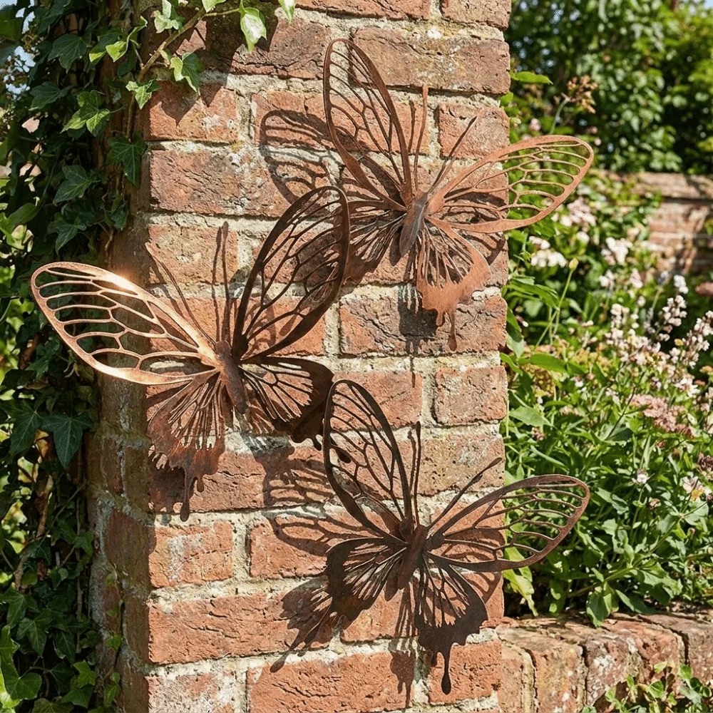1/3PCS Metal Structure Butterfly Garden Sculpture Hollow Double Layer Distressed Style Metal Butterfly Sculpture Rust-Colored