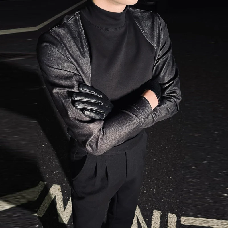 Moto Biker Denim Patchwork Long Sleeved Men T-shirts Fashion Mock Neck Slim Fit  T Shirt  Man Asian Size Trendy Male Tee Tops