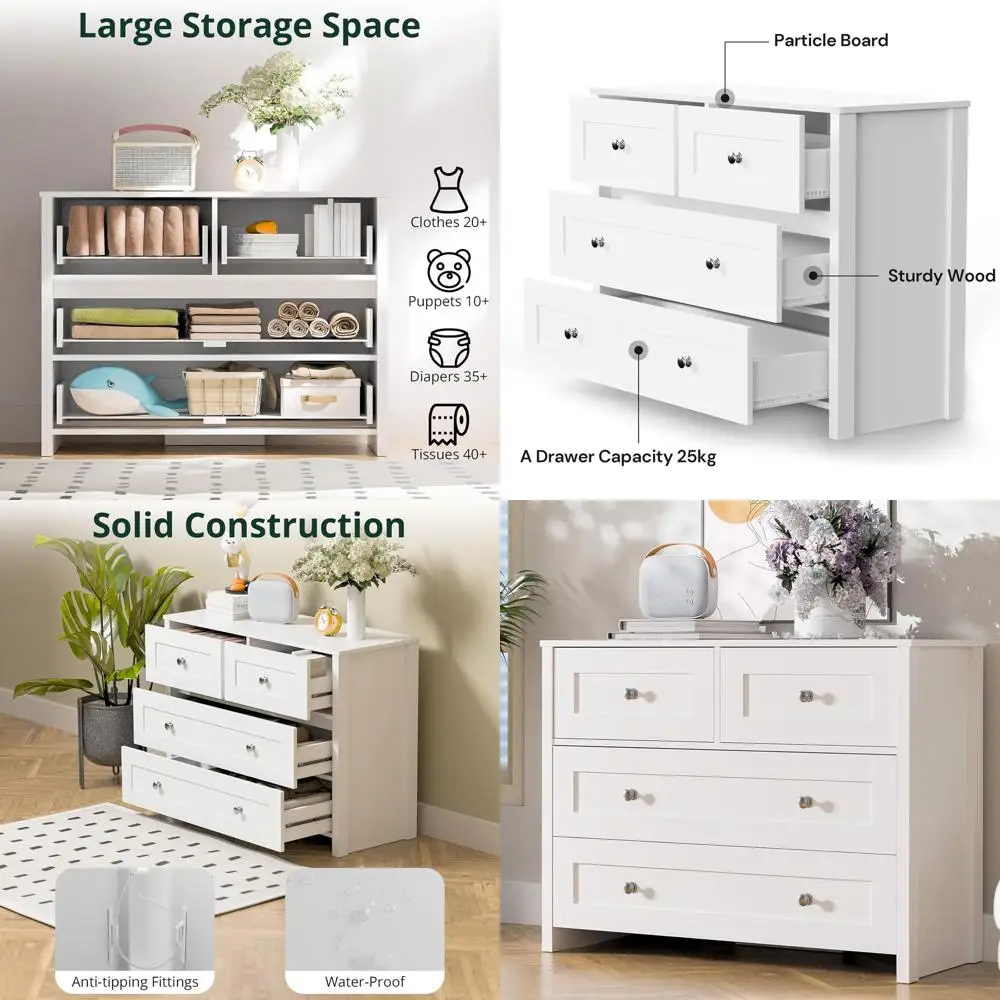 

40 Wide 4-Drawer White Wooden Storage Cabinet for Bedroom, Living Room, or Home Office