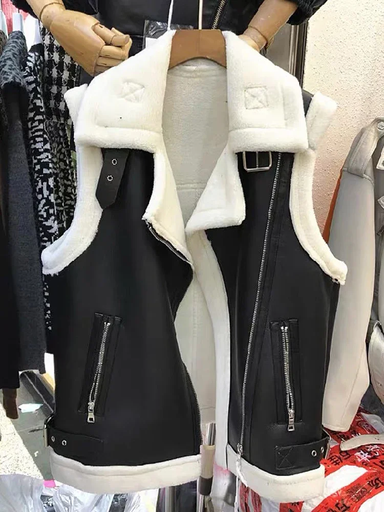 Imitation Fur Leather Vest Coat Women Sleeveless Loose Zipper Jacket Lady Waistcoat Autumn Winter Warm Motorcycle Clothes