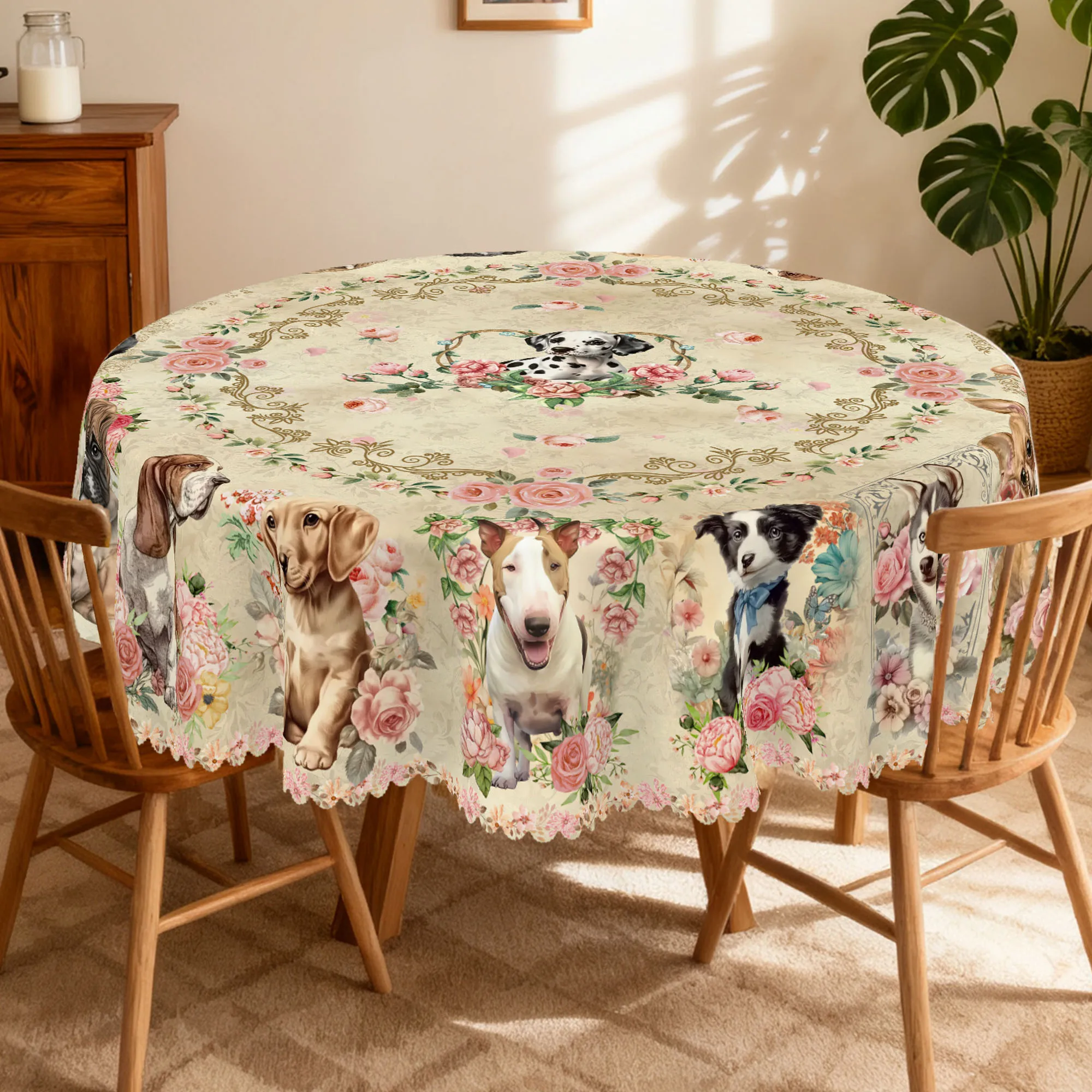 1 Piece of Cute Dog and Floral Print Round and Rectangular Tablecloth, Available in Various Sizes, Featuring Soft and Adorable Dog Motifs Interwoven with Romantic Floral Clusters and Delicate Curling Patterns, with Embossed Edges, Suitable for Use on Home Dining Tables, Patio Gardens, Etc., Perfect for Spring and Summer Home Decor, a Cute Aesthetic Gift