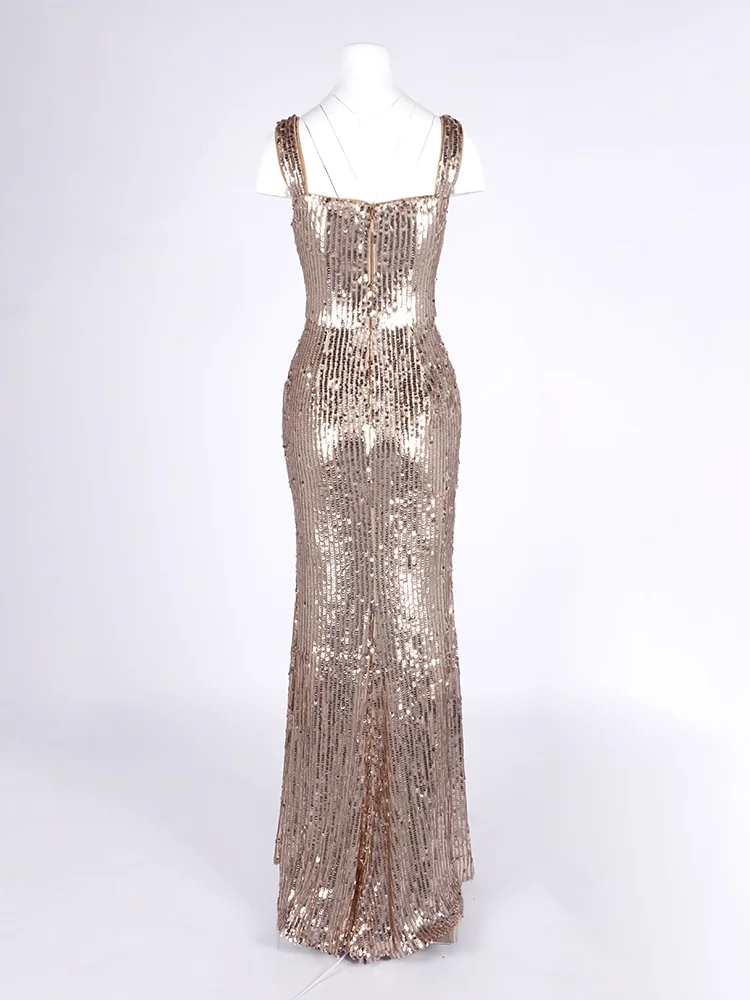 女性のエレガントなスパンコールロングドレス、カットアウトデザインと輝くディテール付きフォーマルイベントカクテルパーティーイブニングドレス Vestidos
