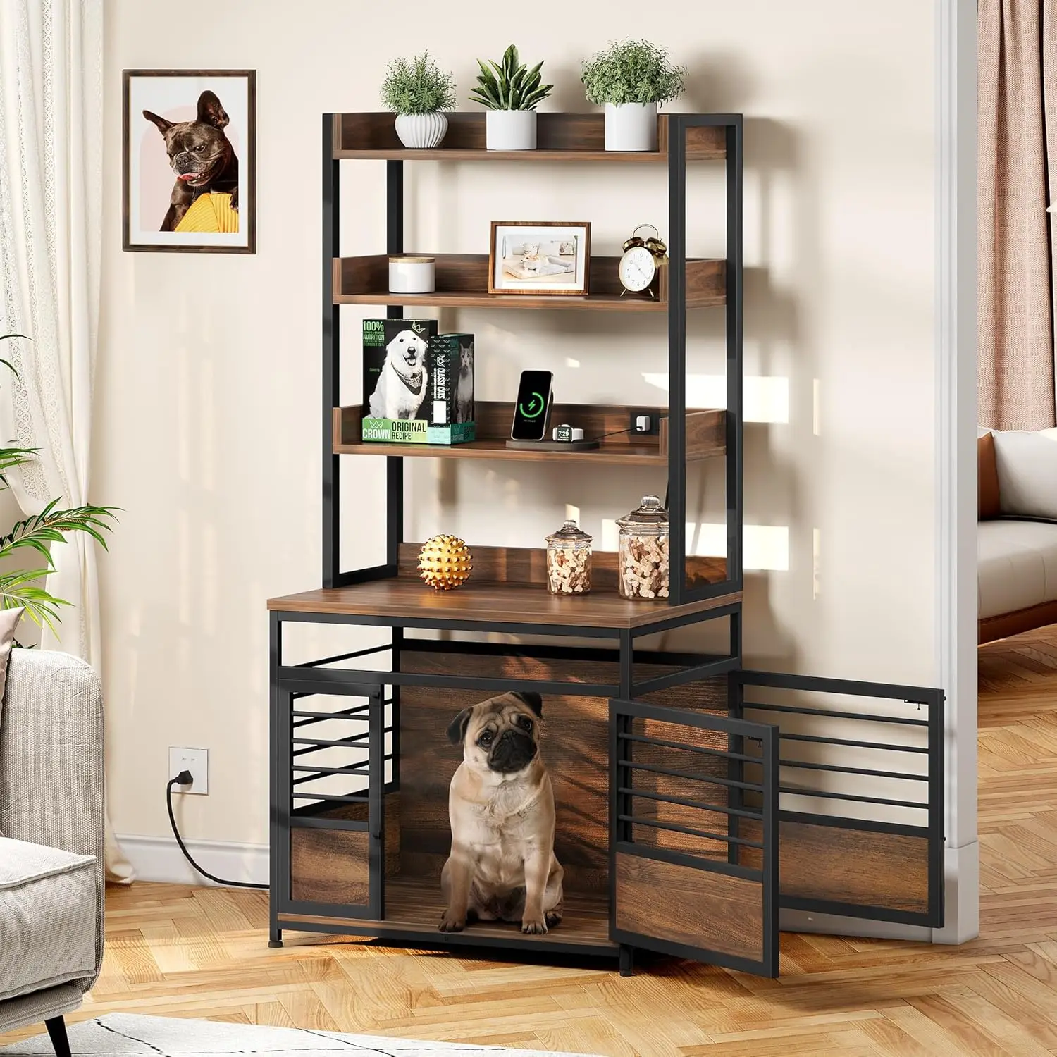 Dog Crate Furniture with Storage Shelves, Heavy Duty Dog Crate with Charging Station, 39 Inch Dog Kennel Indoor Furniture