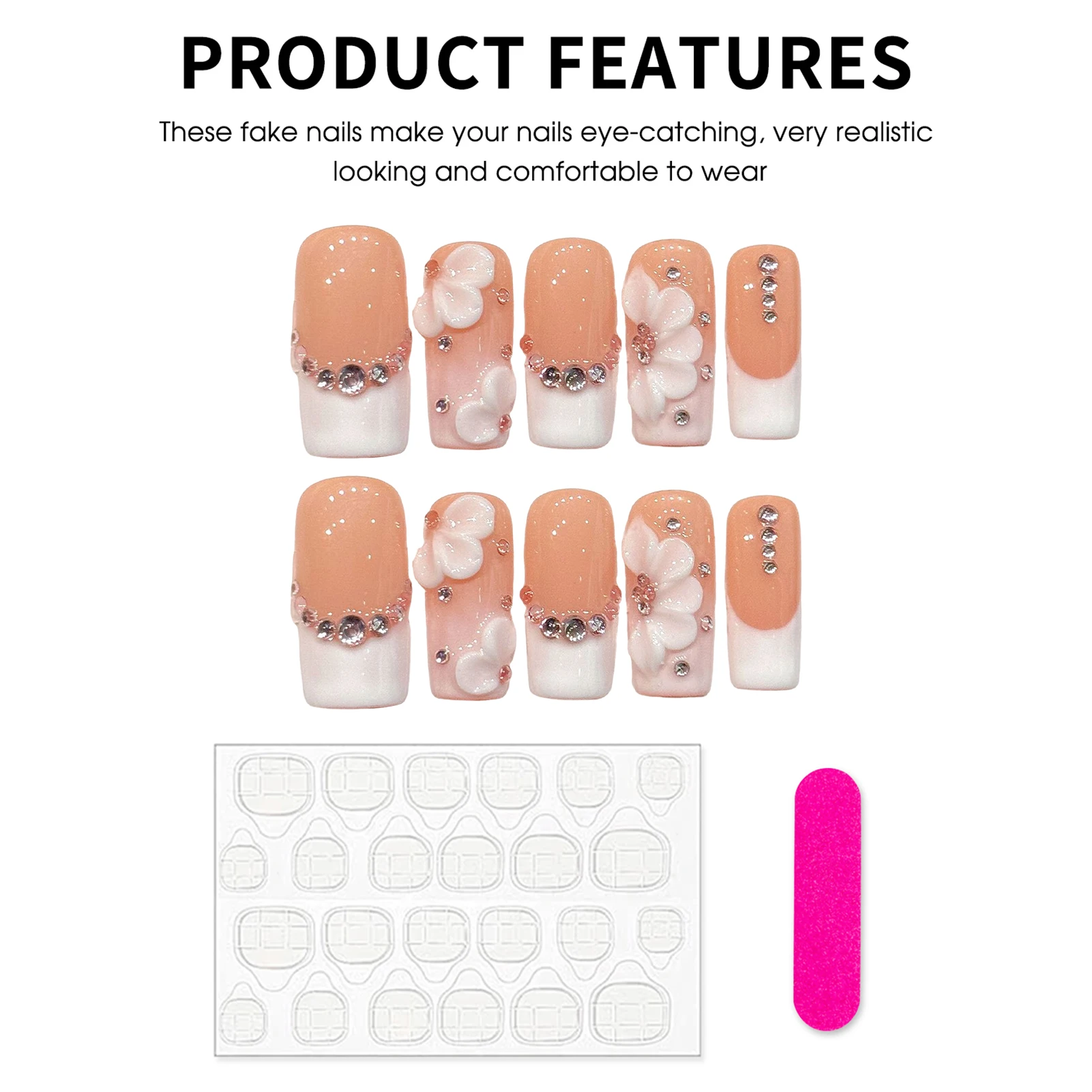 10pcs Long Square Handmade False Nails Ins 3D Caring Flower Flash Diamond Decor Press On Nails White French Style Fake Nail - view 4
