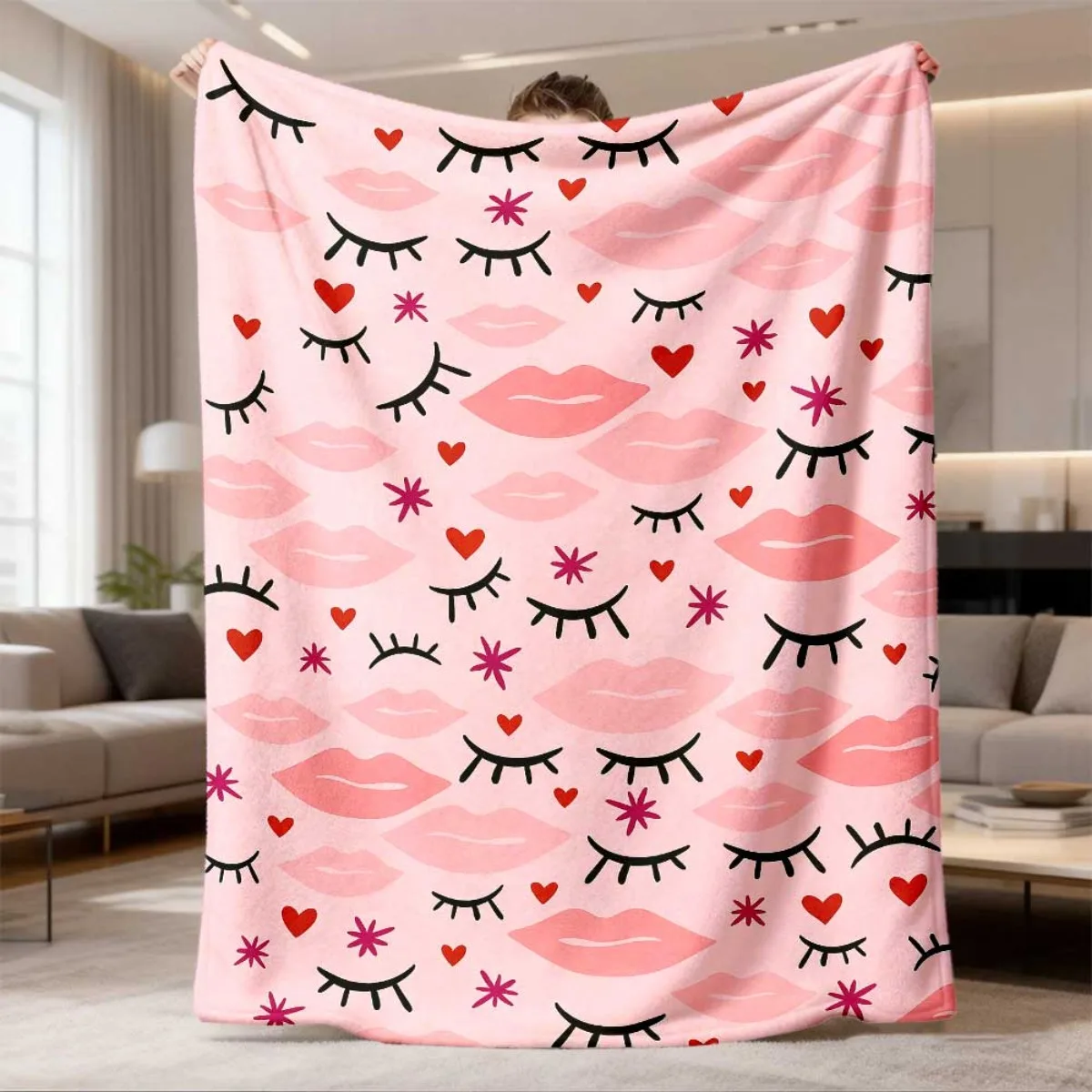 Modern Beauty Salon Style Eyelash Throw Blanket Script Lettering Motif Chic Bedding Warm Office Nap Accent Blanket