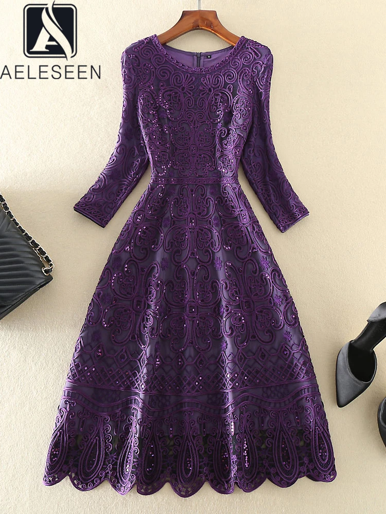 AELESEEN 2023 Women Spring Summer  Dress Designer Fashion Irregular Half Sleeve Purple 3D Flower Embroidery Sequined Party