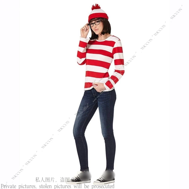 Waldo Wally Children Cosplay Costume Fanart Tops Glasses Hat Woman Man Kid Halloween Party Daily Outfit Role Play Smart Carnival