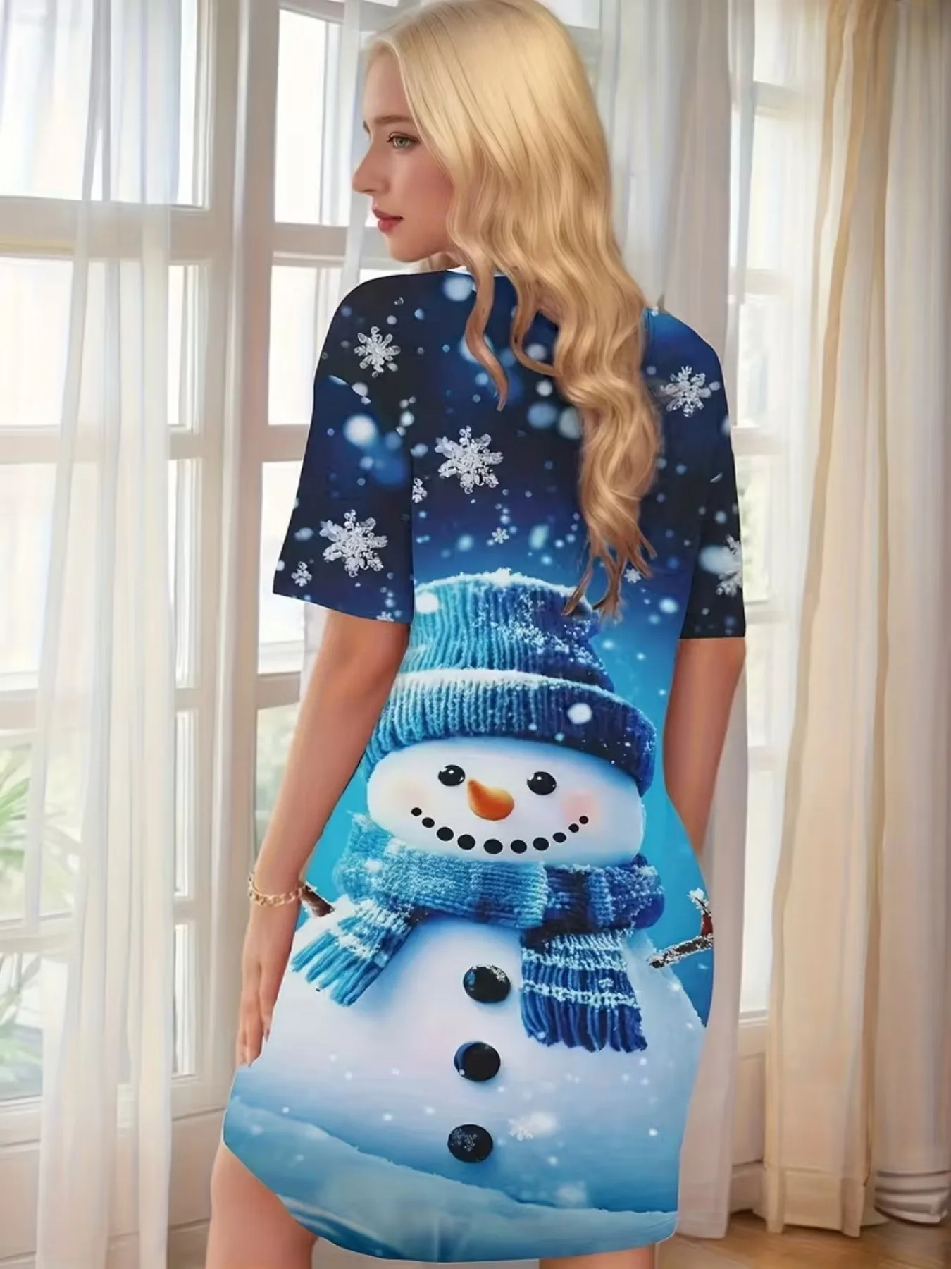 Winter Christmas Knit Hat Scarf Snowman Snowflake Pattern Women's Round Neck Short Sleeve Home Nightgown Dress