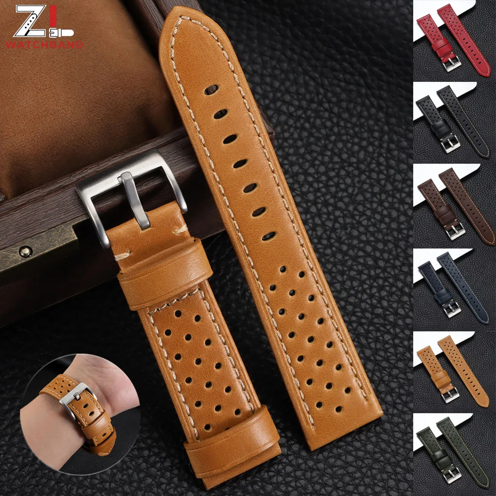Bracelet de montre en cuir respirant fait à la main, en cuir de vache, 18mm, 20mm, 22mm, 24mm, pour Seiko, pour Omega, accessoires de bracelet de montre pour hommes