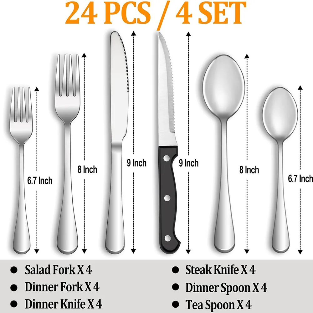 24Pc Stainless Steel Silverware Set with Steak Knives, Service for 4-Mirror Polished Flatware,Fork,Knife,Spoon - Dishwasher Safe