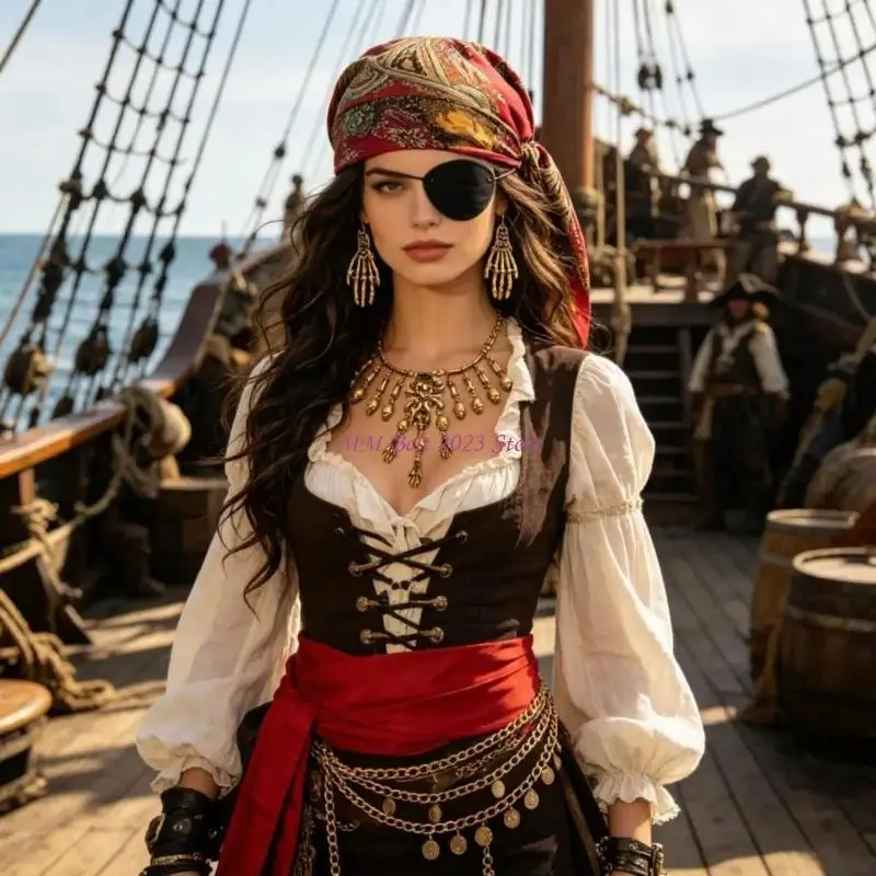 49ME Pirate Costume Accessories Pirate Hat,Medieval Corset Eye Patches Chain Belt Necklace Halloween Pirate Queen Outfits