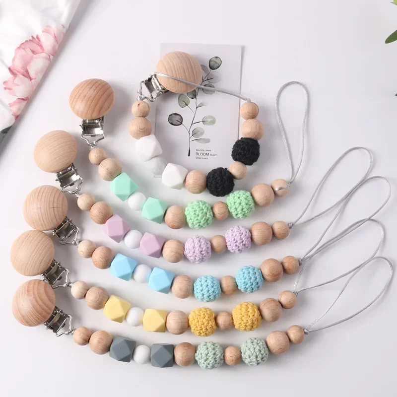 Wood Silicone Baby Pacifier Clips with Crochet Beads Teether Soothe Toy Anti-Drop Nipple Holder Chain Newborn Accessory