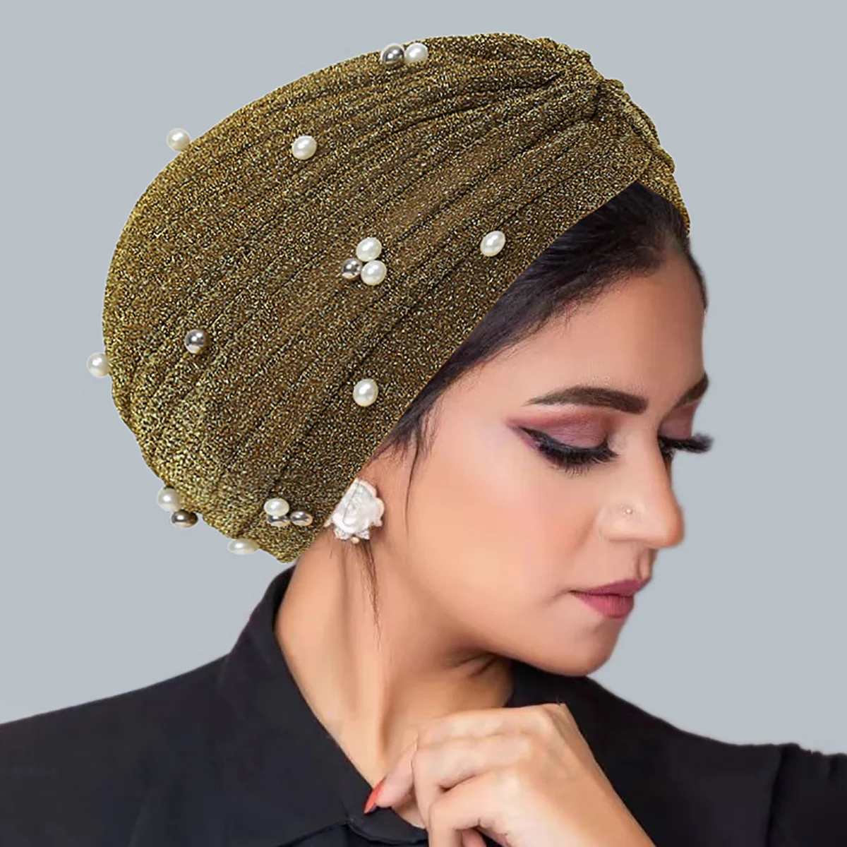 

New Indian Hair Loss Cover African Cap Women Glitter Beaded Turbantes Pleated Head wrap Hat Headwear Cap for Women Bonnet Beanie