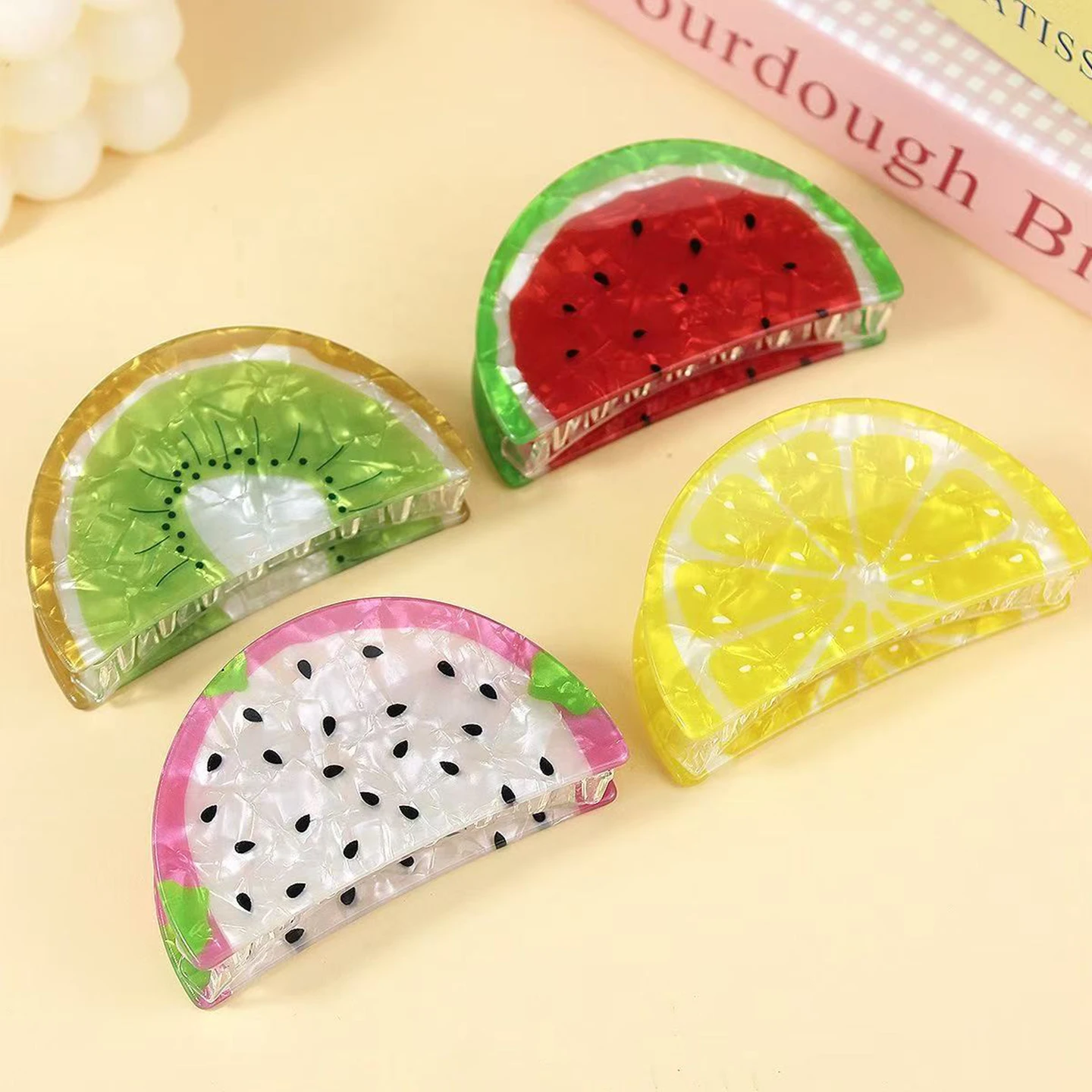 Clip de agarre creativo grande para niña, horquilla de fruta fresca de verano, clip de tiburón updo de gama alta, sandía, fruta del dragón, piña, kiwi, 1 ud.