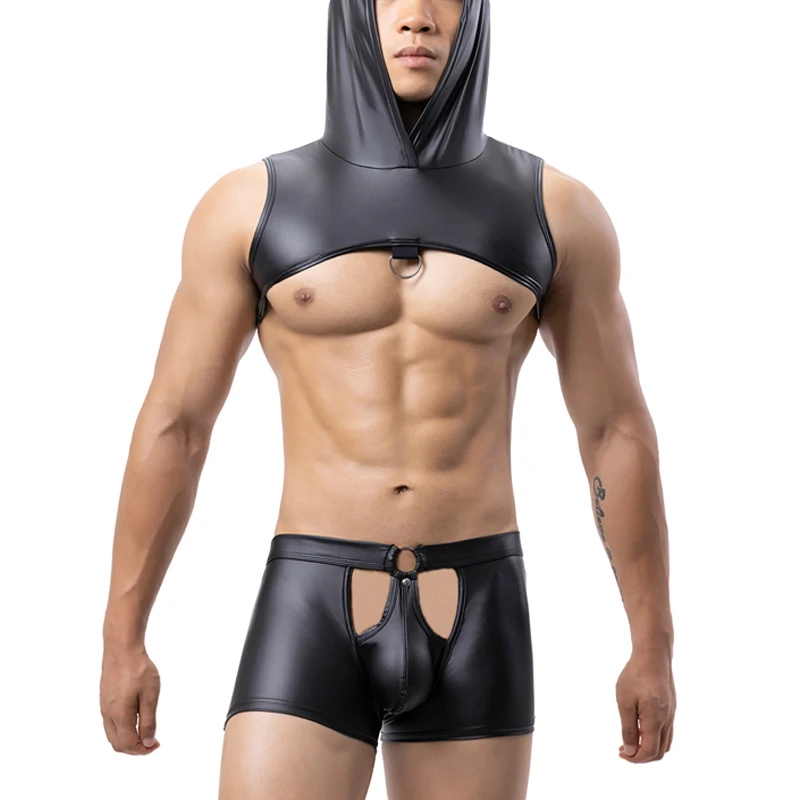 CLEVER-MENMODE Men Sexy Hooded Chest Harness Boxer Shorts PU Leather Crop Tops Set Open Penis Pouch Underwear Nightclub Vest