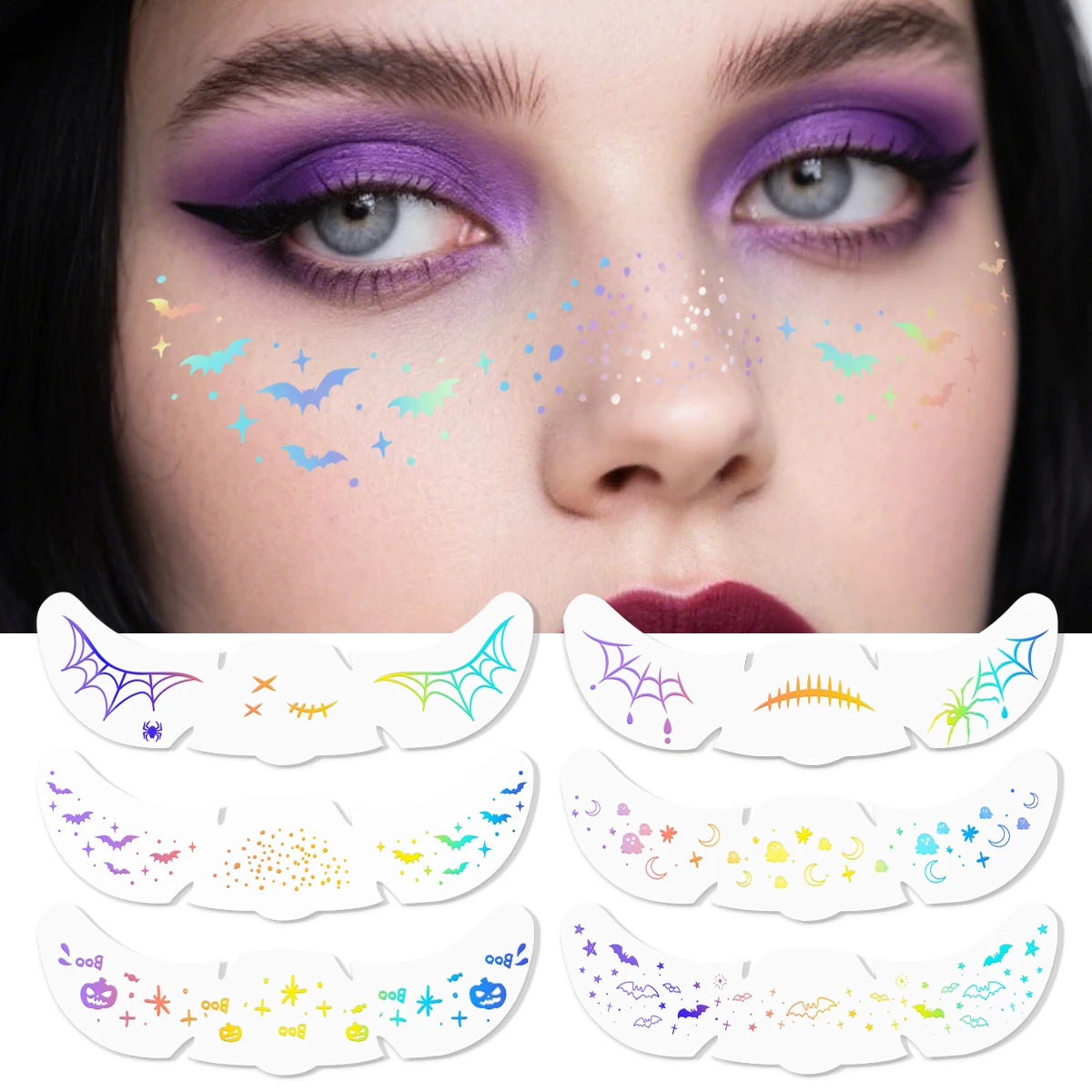 

6pcs Laser Halloween Face Tattoo Stickers Pumpkin Bat Spider Fake Freckles Temporary Tattoo Stickers for Music Party Festival
