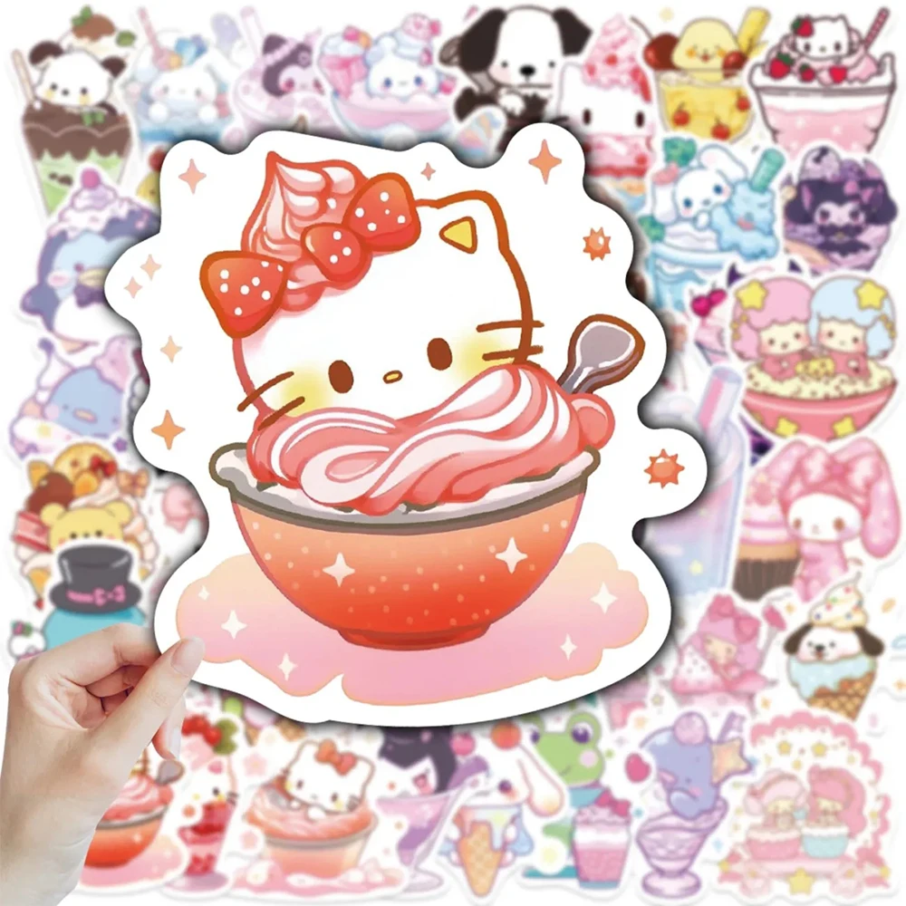 Kawaii Ice Cream Sanrio Adesivos, Bonito Olá Kitty Kuromi, Decalque dos desenhos animados, Bagagem do telefone do refrigerador, Kid DIY adesivo, Presente do brinquedo, 10 pcs, 30 pcs, 50pcs