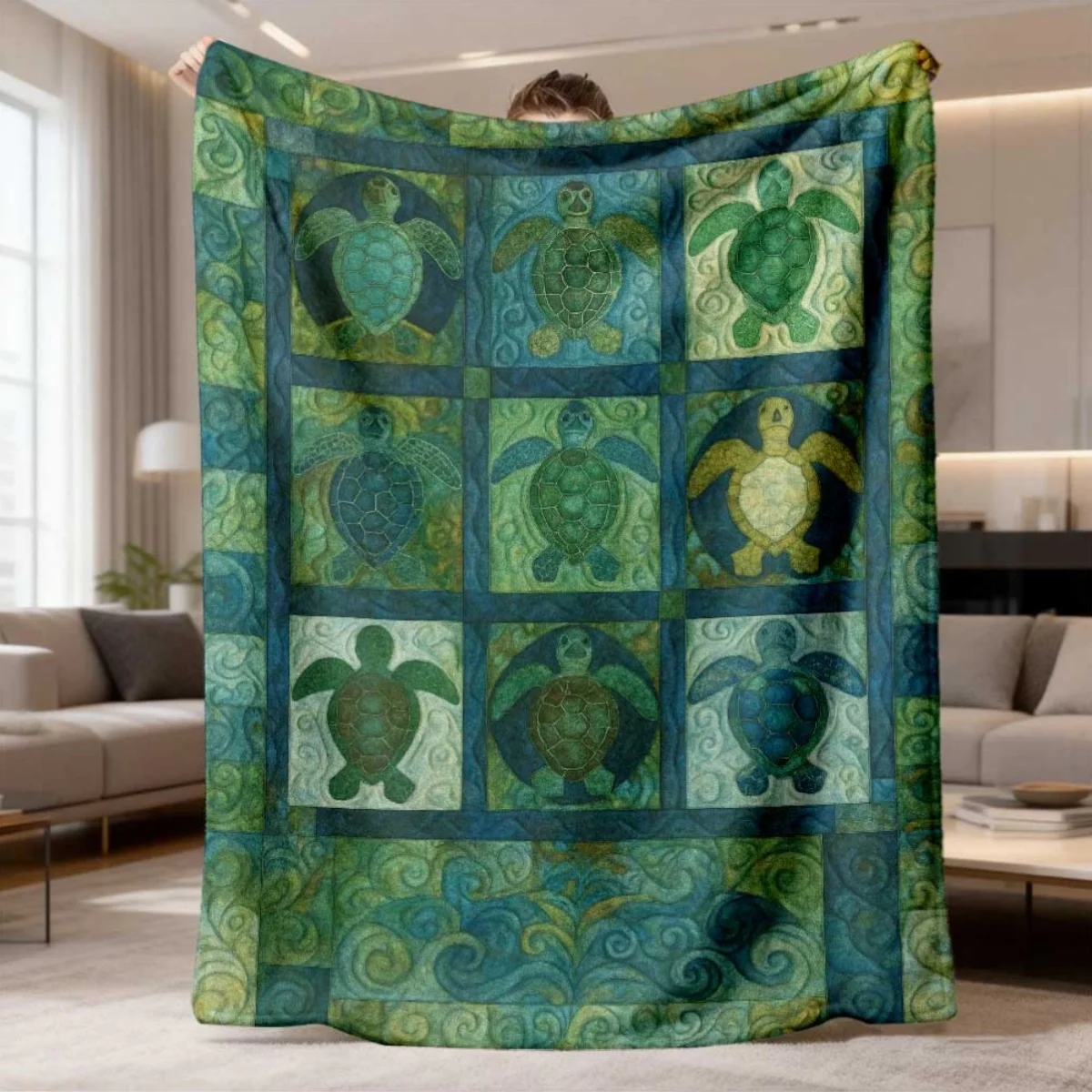 Green Turtle Grid Ocean Wave Patchwork Print Flannel Throw Blanket, Soft Warm Sofa Cover, Ocean Gift For Bedroom Daily Rest Use