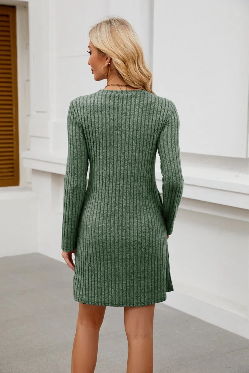 فستان نسائي فاخر بحزام مع أزرار جانبية وجيوب لفصل الشتاء برقبة دائرية وأكمام طويلة وتنورة سترة كاجوال #2