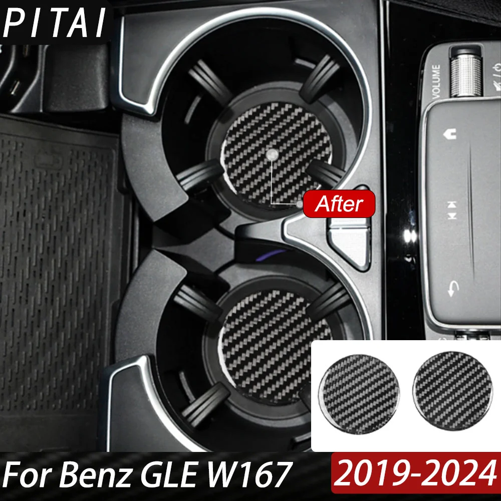 Carbon Fiber Center Console Water Cup Holder Panel Cover Sticker For Benz GLE W167 2019-2024 Car Interior Accessories