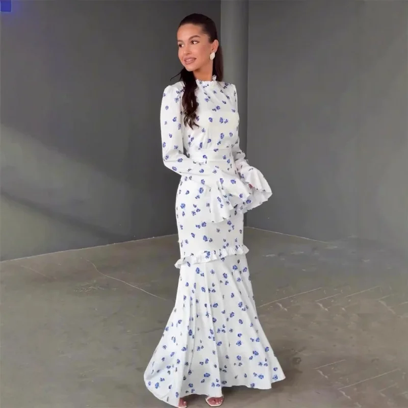 

2025Spring Gentle Style Fresh Floral Ruffle Long Slim Dress