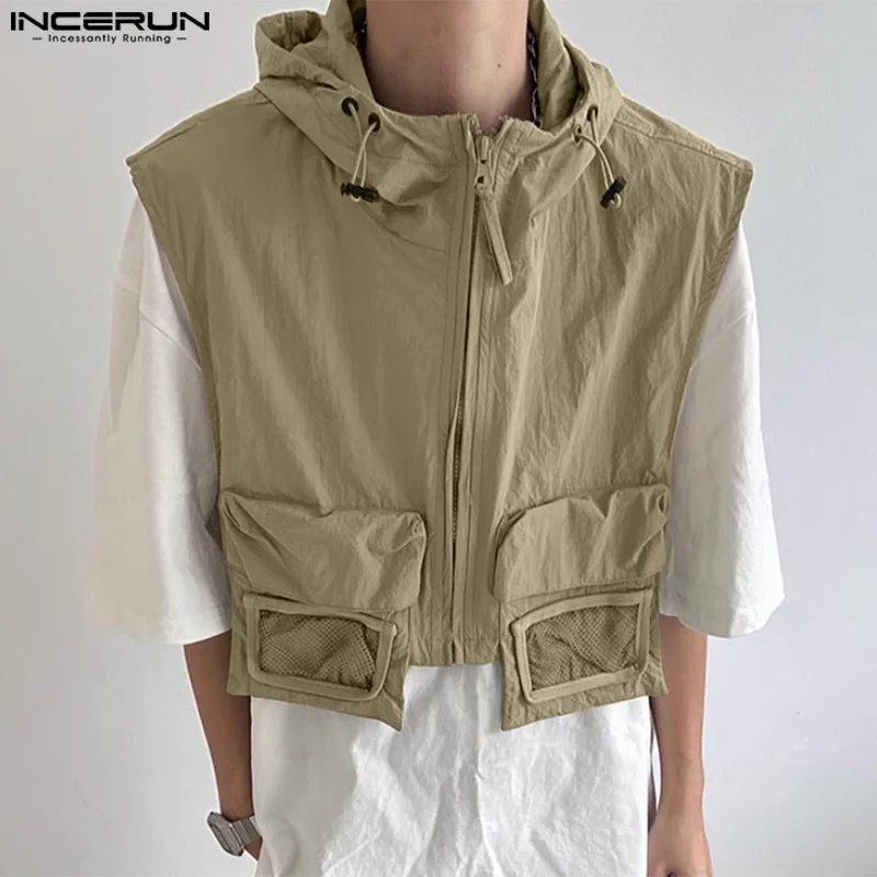 INCERUN Men Vests Patchwork Hooded Sleeveless Zipper Casual Male Waistcoats Streetwear 2024 Pockets Fashion Crop Vests Men S-5XL