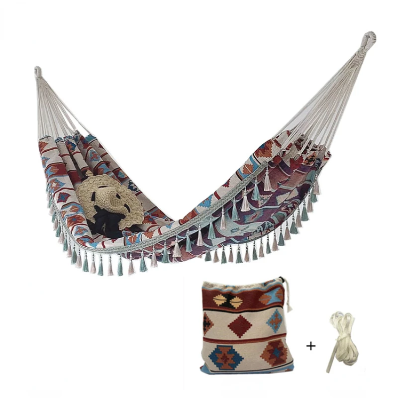 

Anti-rollover fringed jacquard canvas hammock outdoor products portable widened swing retro geometric wind hammock