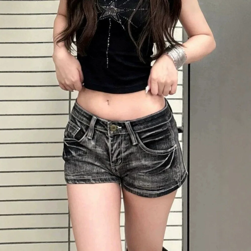 Y2k Streetwear Harajuku E-girl Summer Women 2000s Grunge Kpop Japanese Gyaru Low Rise Jean Shorts Slim Denim Hot Pants Trashy
