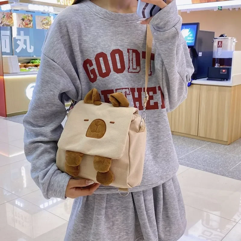Xiuya Cute Capybara Shoulder Bag for Women Canvas Small 2024 New Fashion Cartoon Backpack Kawaii Simple Designer Female Handbag