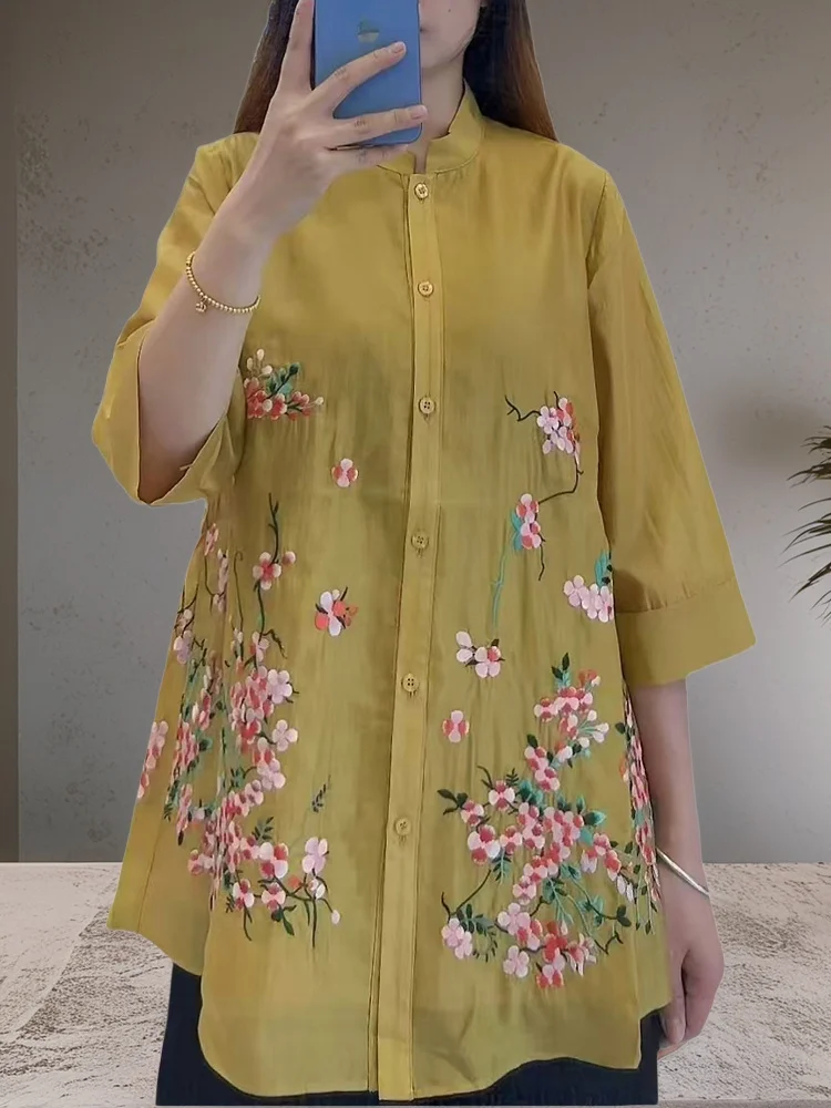 Hohe Qualität Chinesischen Stil Stehkragen Top Für Frauen Halbarm Sommer Exquisite Stickerei Mittlere Länge Hemd M-XXL