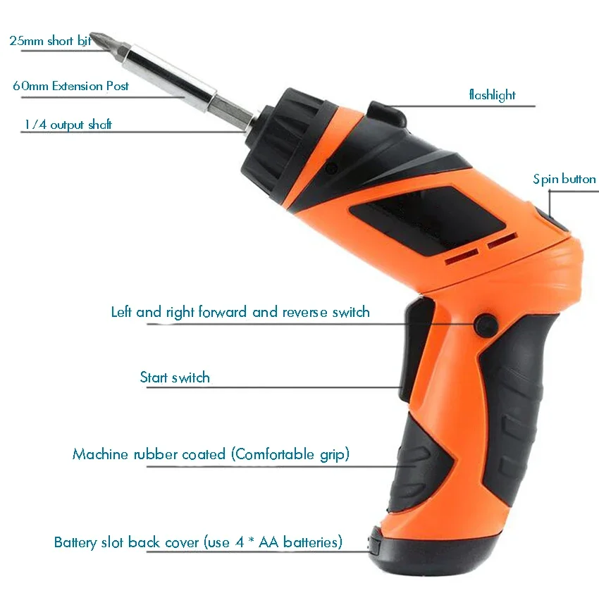 2-2.5N.m Cordless Electric Screwdriver with 6 Screw Bits, 1 Connect Rod, LED Light, Battery Operated Screwdriver Gun Tool