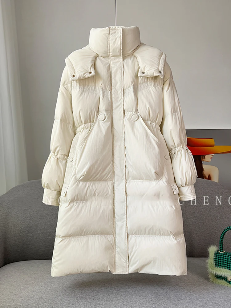 الشتاء مقنعين طويلة الصلبة أسفل سترة المرأة الأبيض بطة أسفل باركر طول الركبة السترات الإناث جيب كبير الدافئة الرباط أبلى