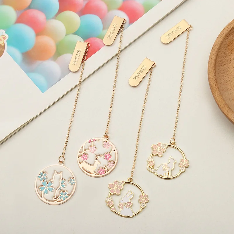 24pcs/lot Creative Sakura Animal Pendant Bookmark Cute Book Mark For Books School Office Supplies Stationery Gift