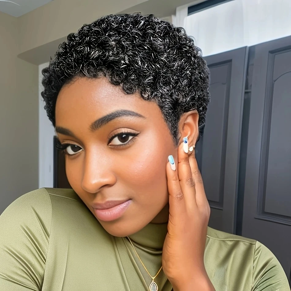 باروكات قصيرة مجعدة، شعر بشري، شعر مستعار بشري بقص عابث