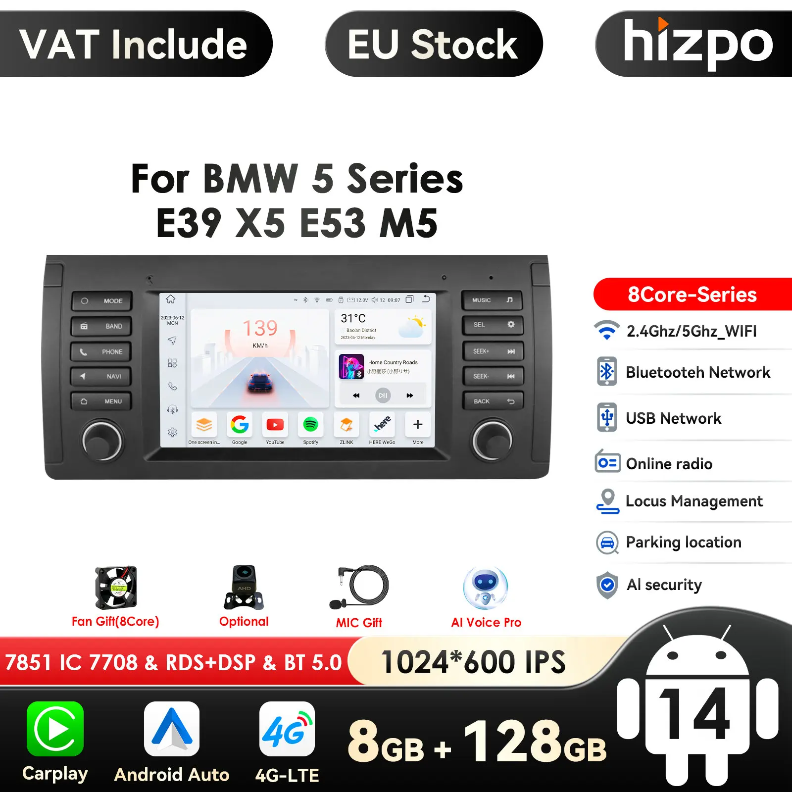 Image of 8 + 128G Autoradio 2 Din Android 14 Auto Multimedia Player Navigation für BMW E39 E53 M5 1995-2003 Audio Stereo BT GPS Wifi Carplay
