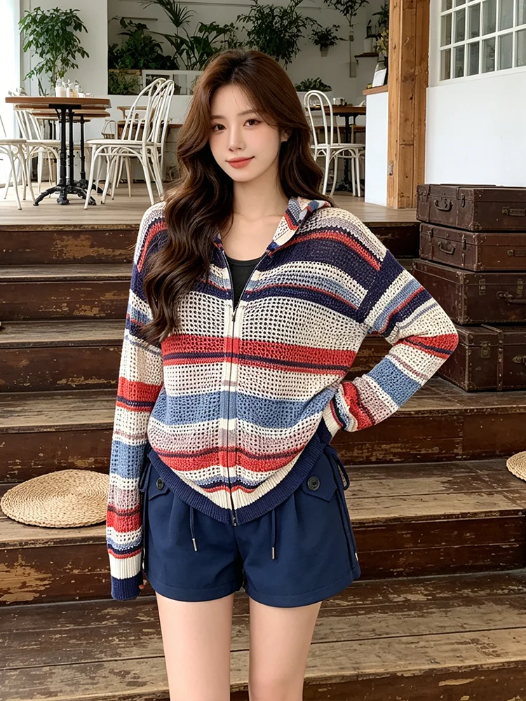

Retro Hong Kong Style Knitted Hollow out Three Piece Set Women's Summer New Pure Color Vest Shorts Casual Loose Fit Fashion
