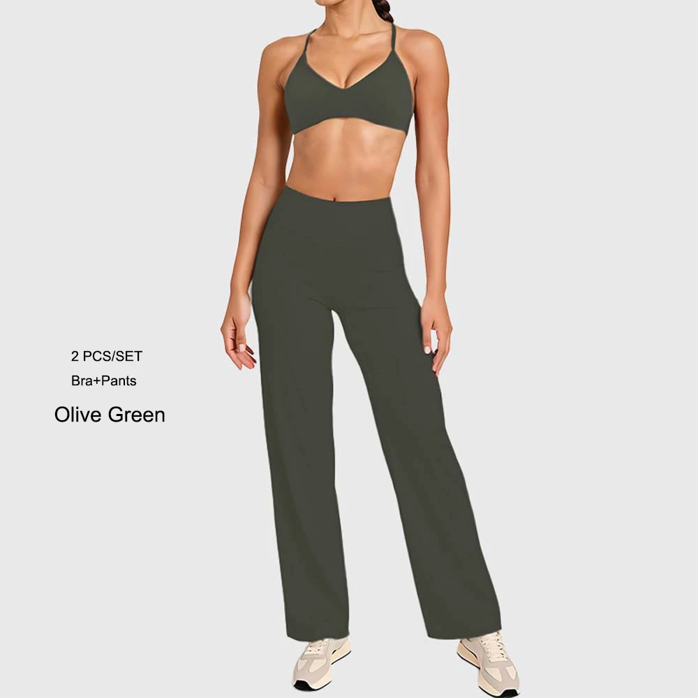 ชุดออกกำลังกายผู้หญิงแบบ 2 ชิ้น เสื้อชั้นในทรงสลิมฟิต กางเกงขายาวทรงกว้าง ชุดฟิตเนส ชุดออกกำลังกาย ชุดกีฬา เอวสูงทรงสลิมฟิต