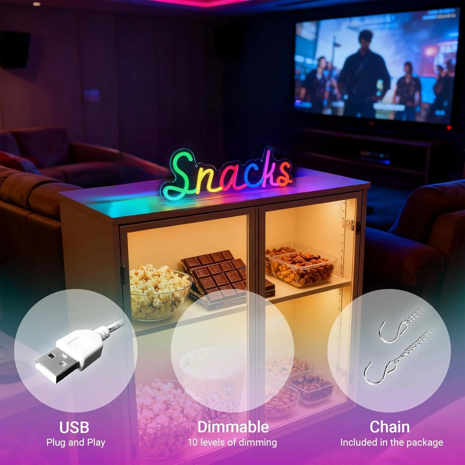 Snacks Neon Sign, Snack Bar Sign voor Wall Decor, Candy Shop Movie Theater Decor, Dimbaar USB Powered Kleurrijk
