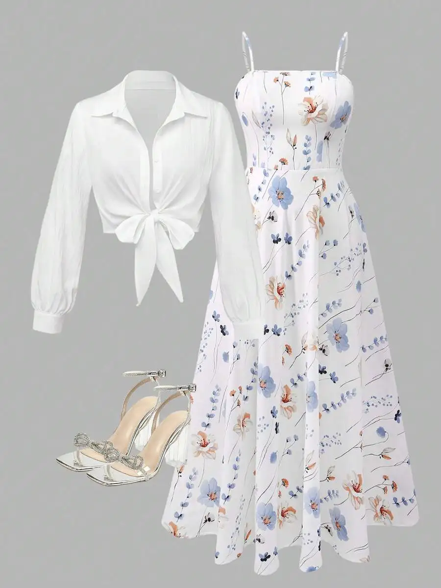 

Женское платье макси без рукавов с цветочным принтом и комплектом из укороченной блузки с длинными рукавами