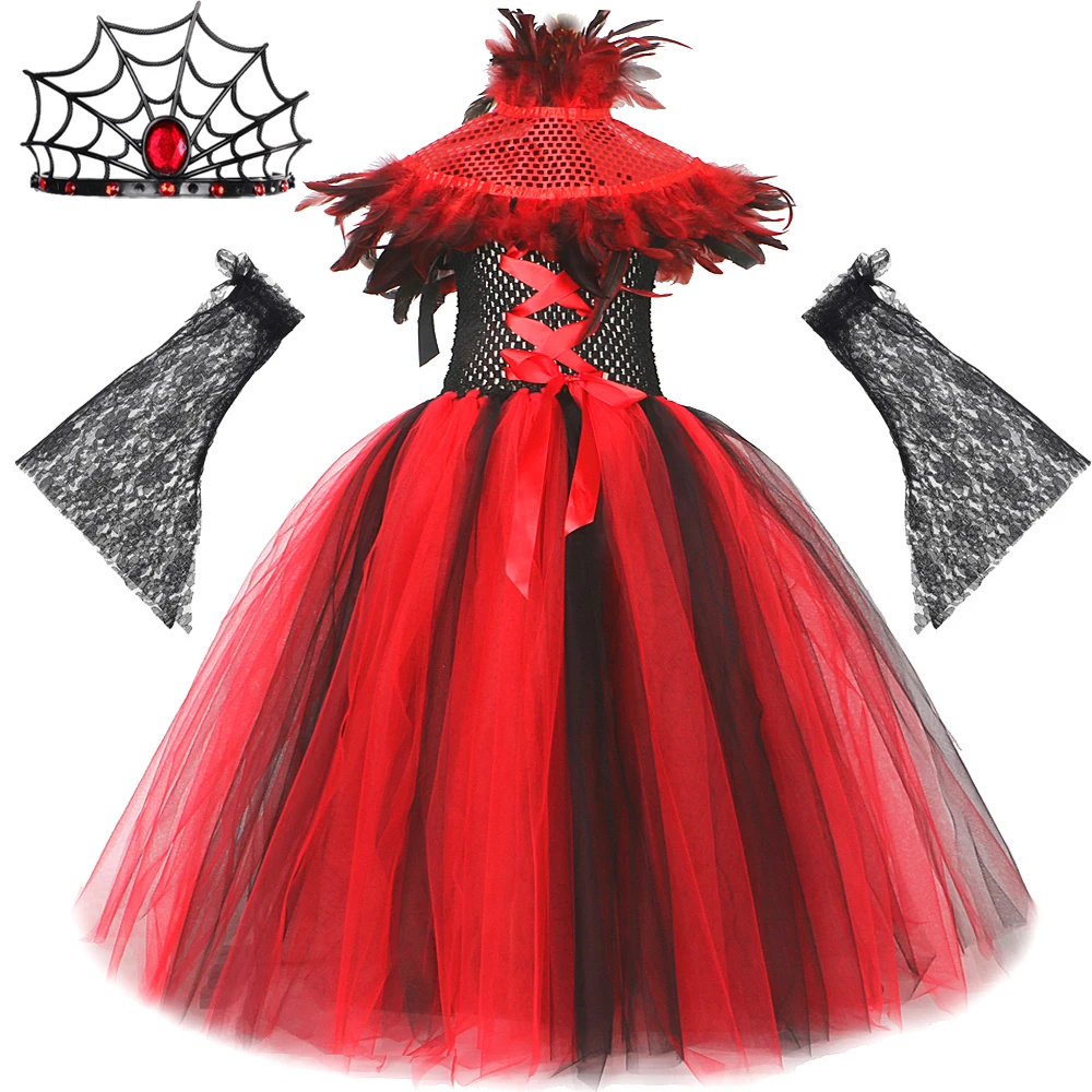 Gothic Devil Witch Halloween Costumes for Girls Demon Queen Long Tutu Dress for Kids Spider Vampire Cosplay Outfit with Feathers