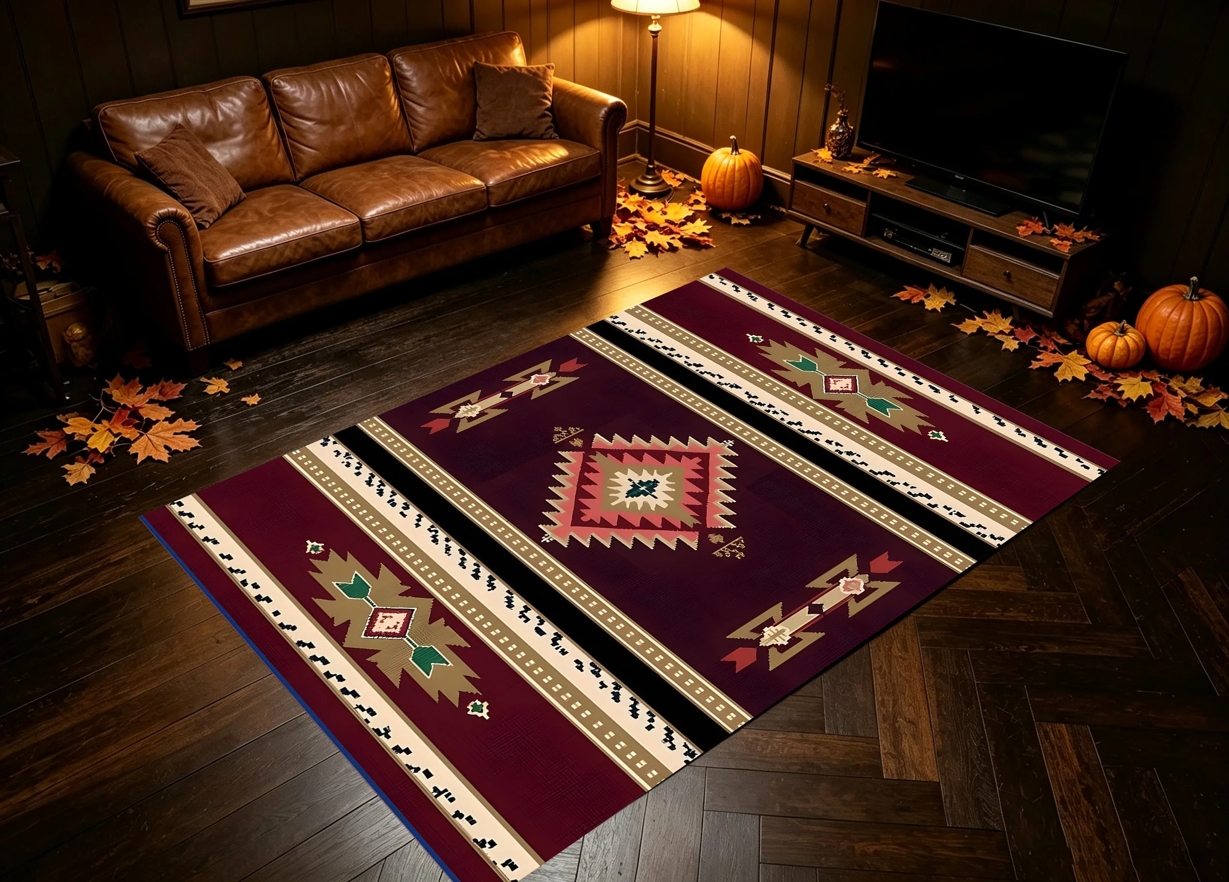 Burgundy Bohemian Diamond Pattern Velvet Rug, Modern Retro Design for Living Room, Bedroom & Entryway