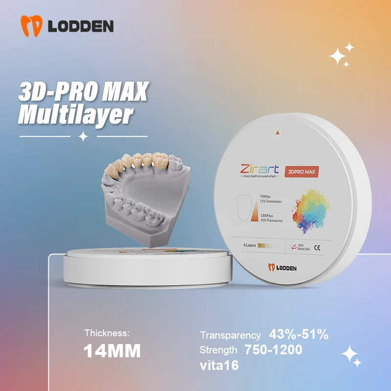 

Многослойные циркониевые блоки LODDEN 3D PRO MAX 98x14 мм 1200PMa, 6-слойный диск для стоматологических материалов CAD/CAM, прозрачность 43-51%