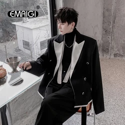 Net Celebrity Splice Design Casual Blazers Man Korean Streetwear Fashion Vintage Double Breasted Suit Jacket Men's Blazer Coat