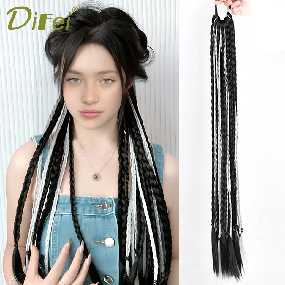 DIFEI Highlights Ponytail Synthetic Wig Female Ponytail Natural Twist Long Braid Highlights Boxing Braid Wig Fishbone Braid Wig