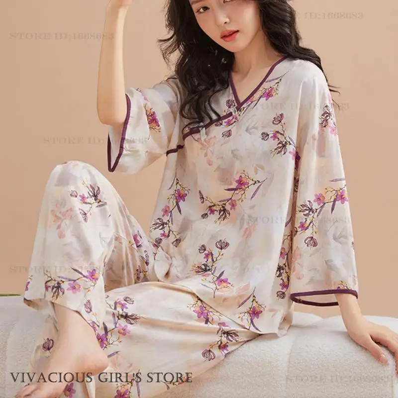 New Chinese Style Pajamas Womens Matching Sets Print Flower Half Sleeve Trouser Suit Homewear Spring Summer Viscose Loungewear