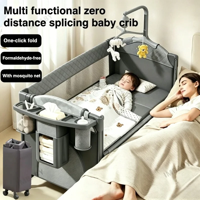 

IMBABY 4-in-1 Multifunctional Baby Crib, Foldable Spliced Bed with Wheels, Diaper Table, Adjustable Height & Mosquito Net