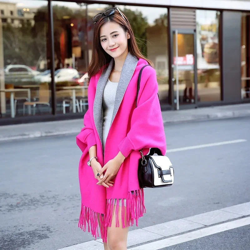 

Autumn Winter Thickened Warm Belt Sleeve Shawl Reversible Scarf Dual-use Female Cloak Poncho Lady Capes Rose Red Cloaks