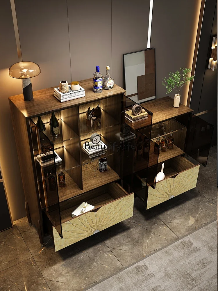 FG44Solid wood light luxury wine cabinet Italian villa high-end modern black walnut glass door display cabinet