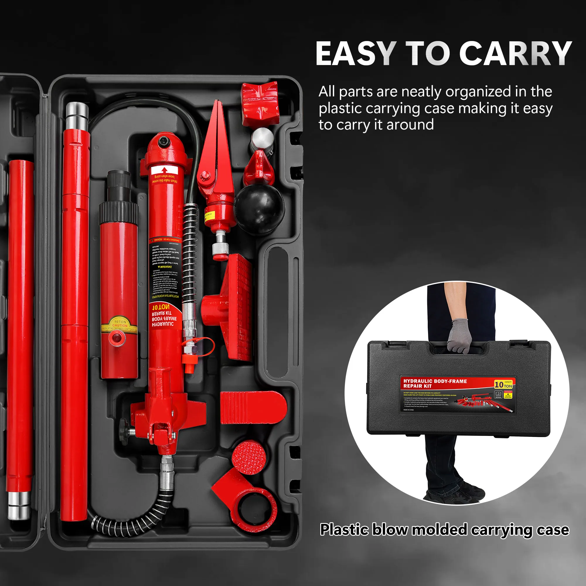 10 T Porta Power Kit Oil Hose Hydraulic Car Jack Ram Autobody Frame Repair Power Tools for Load handler Truck Bed Unloader Farm
