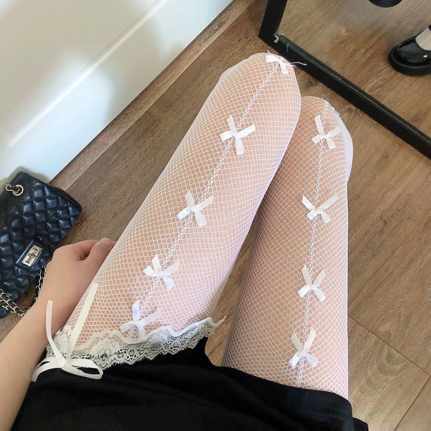 Bow Knot Fishnet Stockings Women\'s Thin Summer Sexy Loli Hollow Legs Long Tube Bottoming Silk Pantyhose Tall Cute Maid Stockings